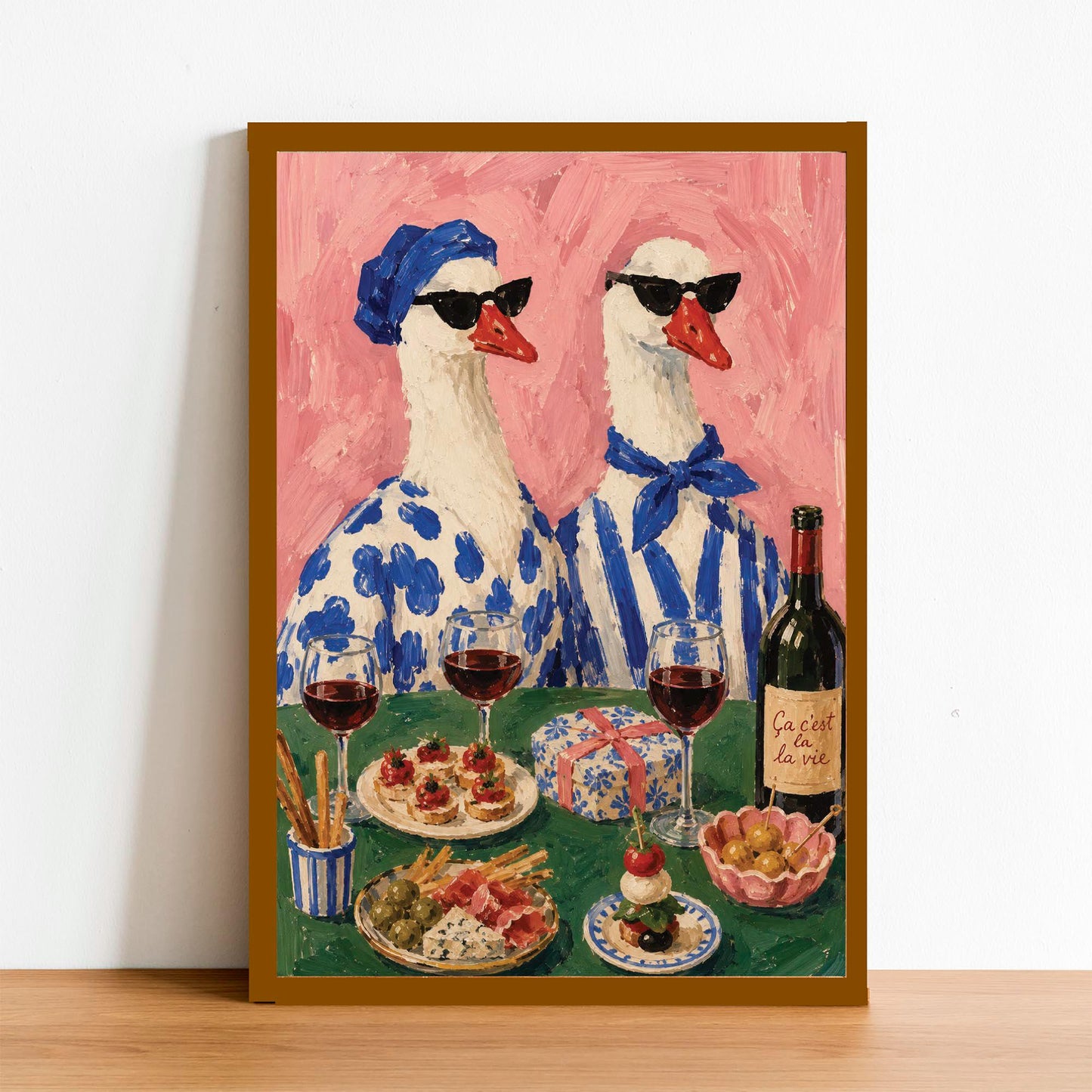 Duck Wine Party Art Print, Quirky Animal Poster, Retro Wall Art with Ducks and Wine, Fun Dining Room or Kitchen Decor