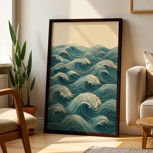 Traditional Ocean Waves Art Print – Framed Oriental Sea Wall Decor – Vintage Blue Water Illustration