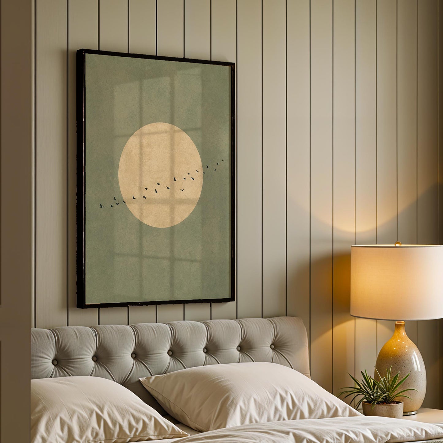 Sage Green Japandi Art Print, Flying Birds Wall Art, Abstract Sun Art, Living Room Decor, Large, Japanese Wall Art, Bedroom Decor