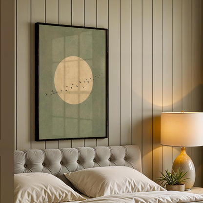 Sage Green Japandi Art Print, Flying Birds Wall Art, Abstract Sun Art, Living Room Decor, Large, Japanese Wall Art, Bedroom Decor
