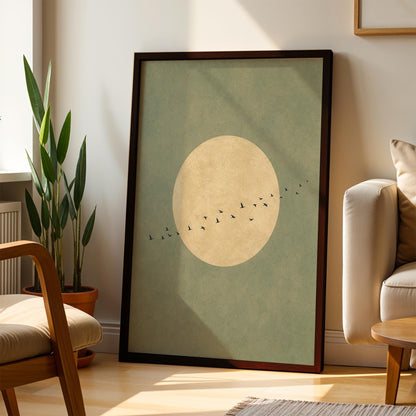 Sage Green Japandi Art Print, Flying Birds Wall Art, Abstract Sun Art, Living Room Decor, Large, Japanese Wall Art, Bedroom Decor