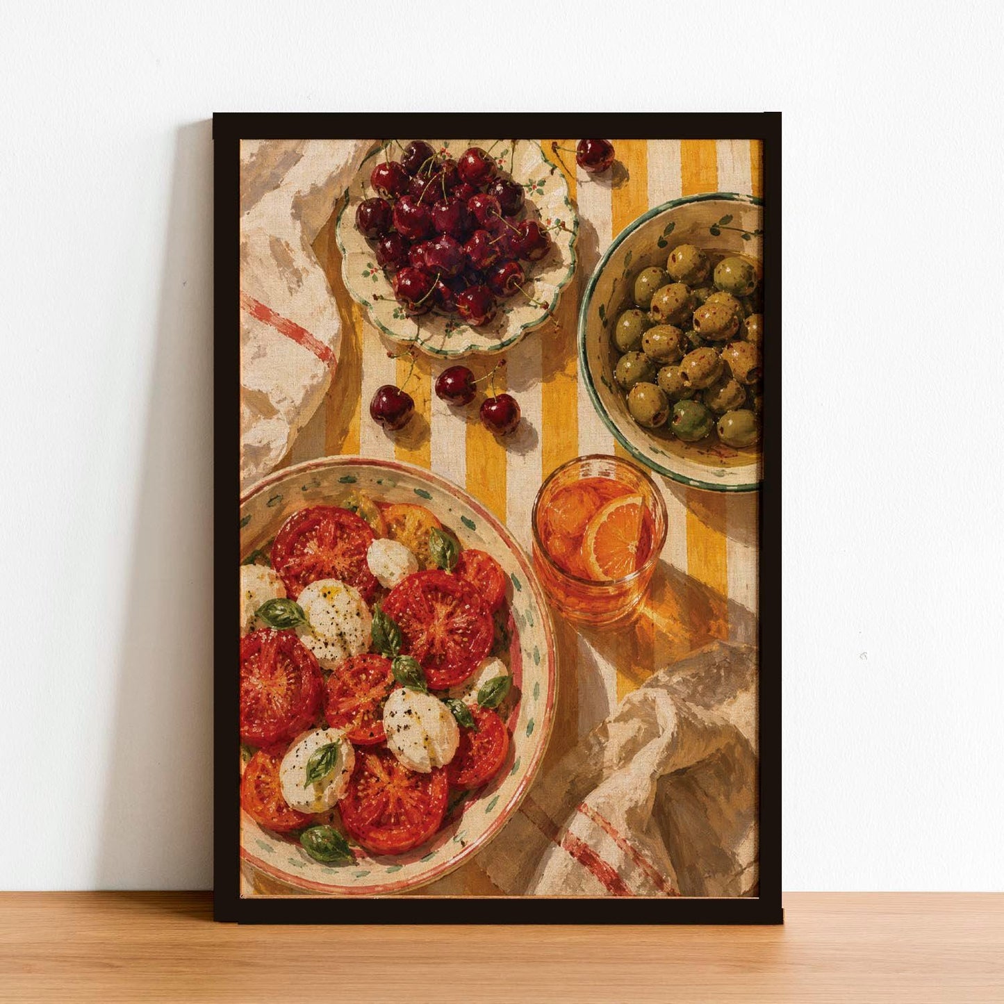 Mediterranean Kitchen Scene Art Print – Framed Caprese Salad & Olives Wall Decor – Italian Food Illustration
