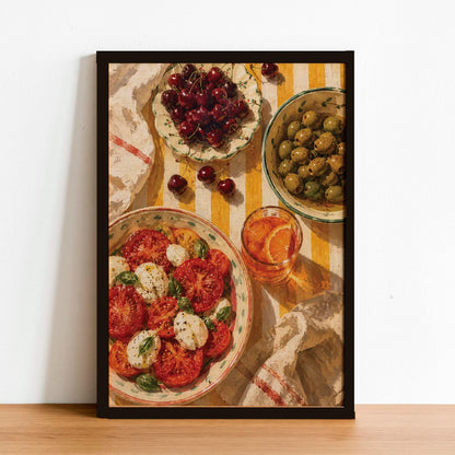 Mediterranean Kitchen Scene Art Print – Framed Caprese Salad & Olives Wall Decor – Italian Food Illustration