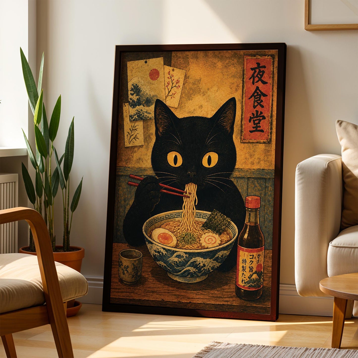 Noodle Cat Thief Anime Print, Japanese Poster, Wall Art Decor, Cat and Ramen Illustration, Cute Food Theme, Gift