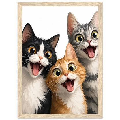 Excited Cat Trio Art Print – Framed Funny Cat Wall Decor – Whimsical Nursery & Kids Room Poster