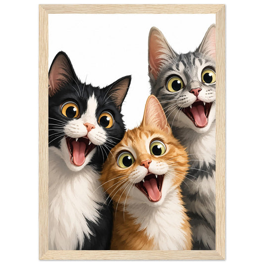 Excited Cat Trio Art Print – Framed Funny Cat Wall Decor – Whimsical Nursery & Kids Room Poster