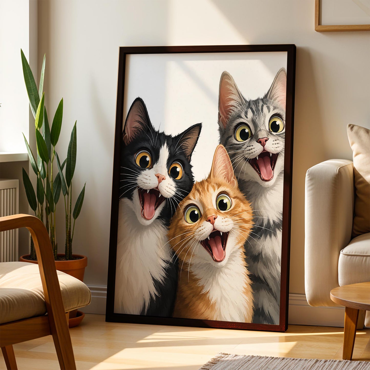 Excited Cat Trio Art Print – Framed Funny Cat Wall Decor – Whimsical Nursery & Kids Room Poster