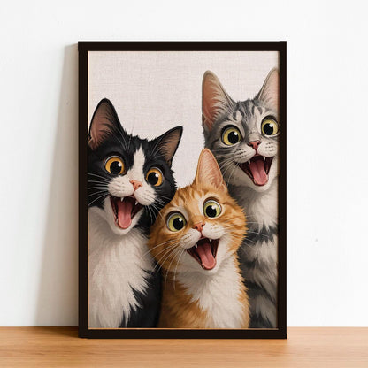 Excited Cat Trio Art Print – Framed Funny Cat Wall Decor – Whimsical Nursery & Kids Room Poster