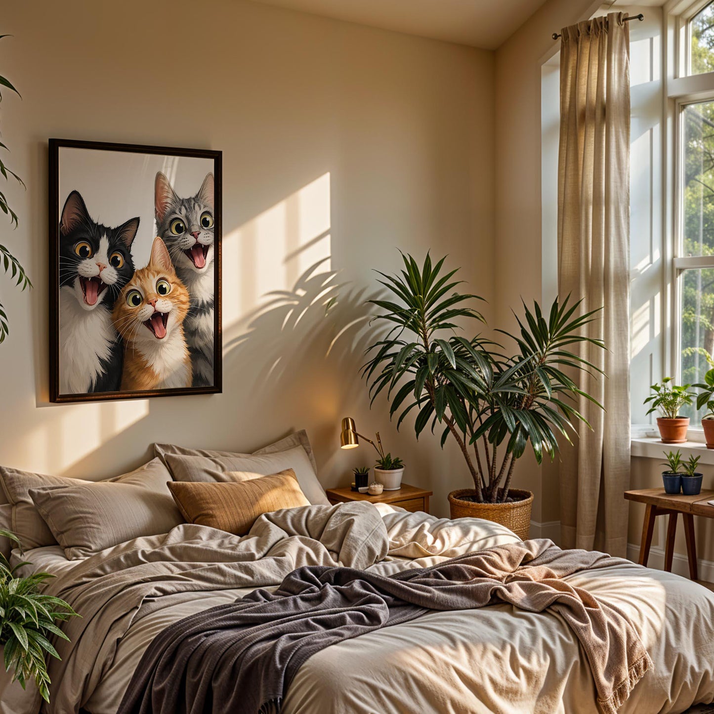 Excited Cat Trio Art Print – Framed Funny Cat Wall Decor – Whimsical Nursery & Kids Room Poster