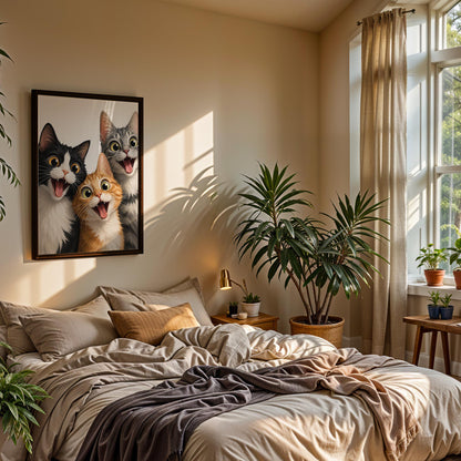 Excited Cat Trio Art Print – Framed Funny Cat Wall Decor – Whimsical Nursery & Kids Room Poster