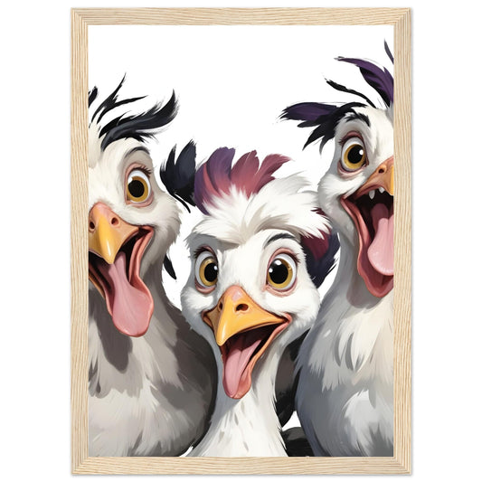 Excited Chicken Trio Art Print – Framed Funny Chicken Wall Decor – Whimsical Farmhouse Poster