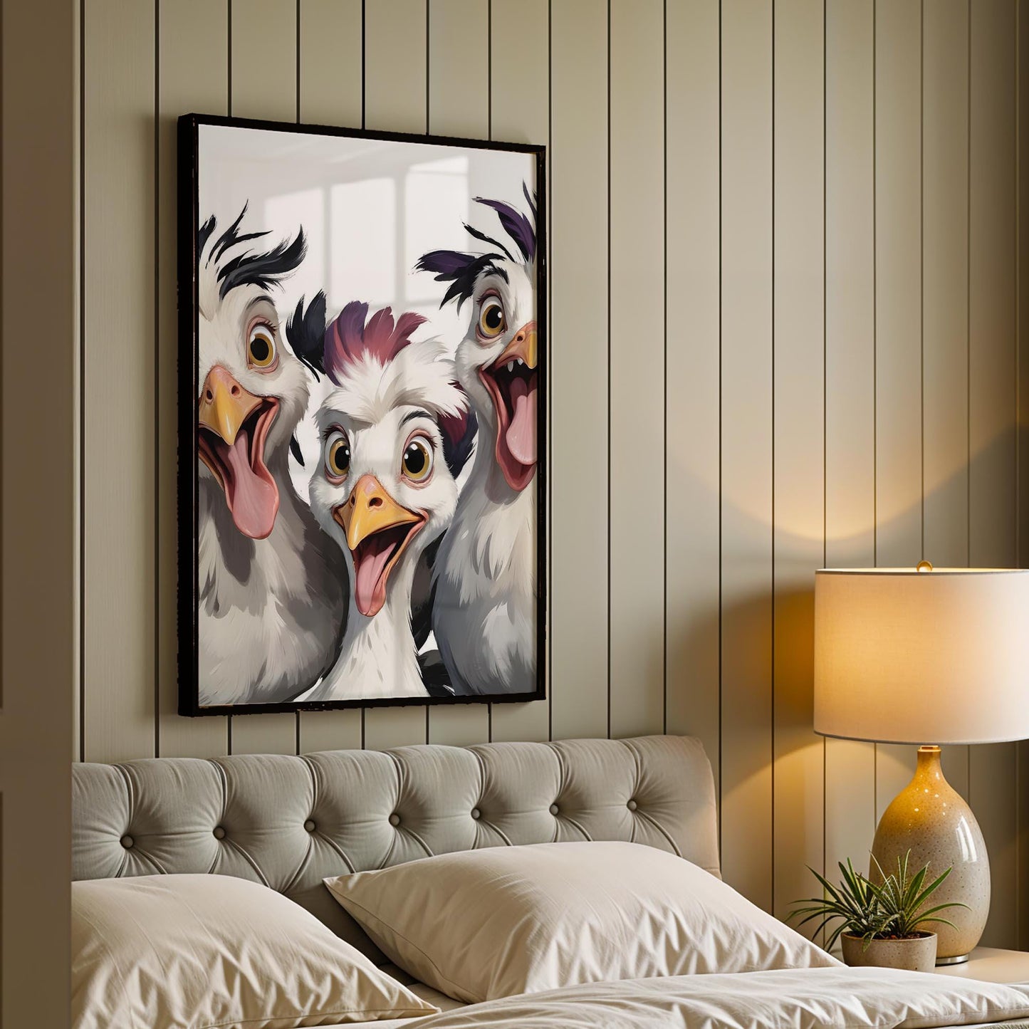 Excited Chicken Trio Art Print – Framed Funny Chicken Wall Decor – Whimsical Farmhouse Poster