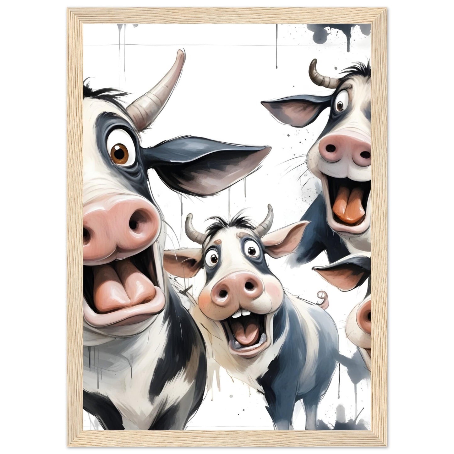 Excited Cow Trio Art Print – Framed Funny Cow Wall Decor – Whimsical Modern Farmhouse Poster