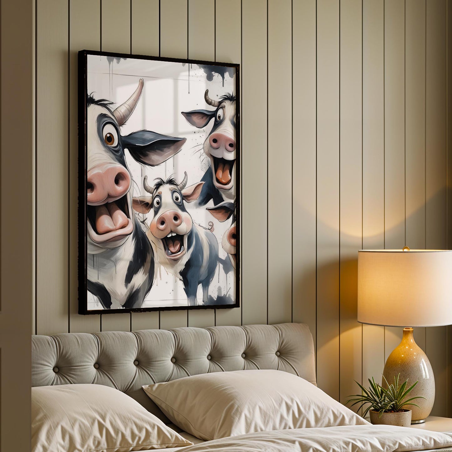 Excited Cow Trio Art Print – Framed Funny Cow Wall Decor – Whimsical Modern Farmhouse Poster