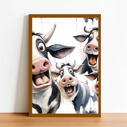 Excited Cow Trio Art Print – Framed Funny Cow Wall Decor – Whimsical Modern Farmhouse Poster