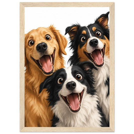 Excited Dog Trio Art Print – Framed Funny Dog Wall Decor – Whimsical Modern Pet Poster