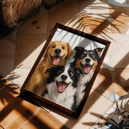 Excited Dog Trio Art Print – Framed Funny Dog Wall Decor – Whimsical Modern Pet Poster