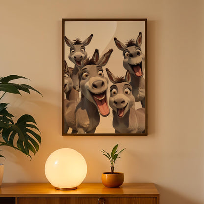 Excited Donkey Trio Art Print – Framed Funny Donkey Wall Decor – Cheeky Home Decor - Bathroom Wall Art