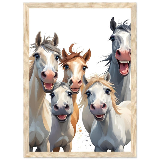 Funny Horse Wall Art – Framed Happy Herd Print – Whimsical Farmhouse Decor – Unique Equestrian Gift