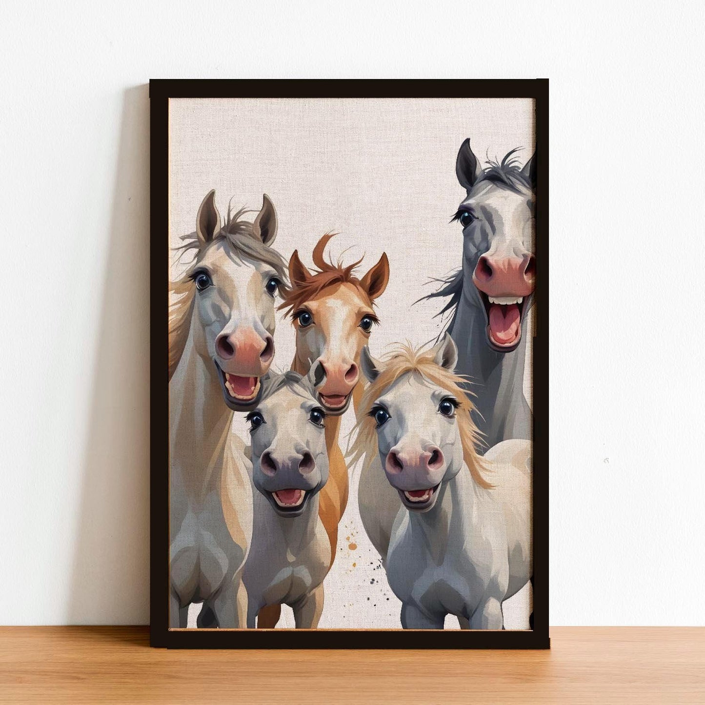 Funny Horse Wall Art – Framed Happy Herd Print – Whimsical Farmhouse Decor – Unique Equestrian Gift