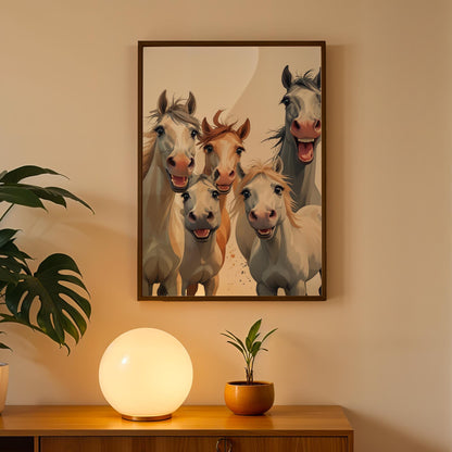 Funny Horse Wall Art – Framed Happy Herd Print – Whimsical Farmhouse Decor – Unique Equestrian Gift
