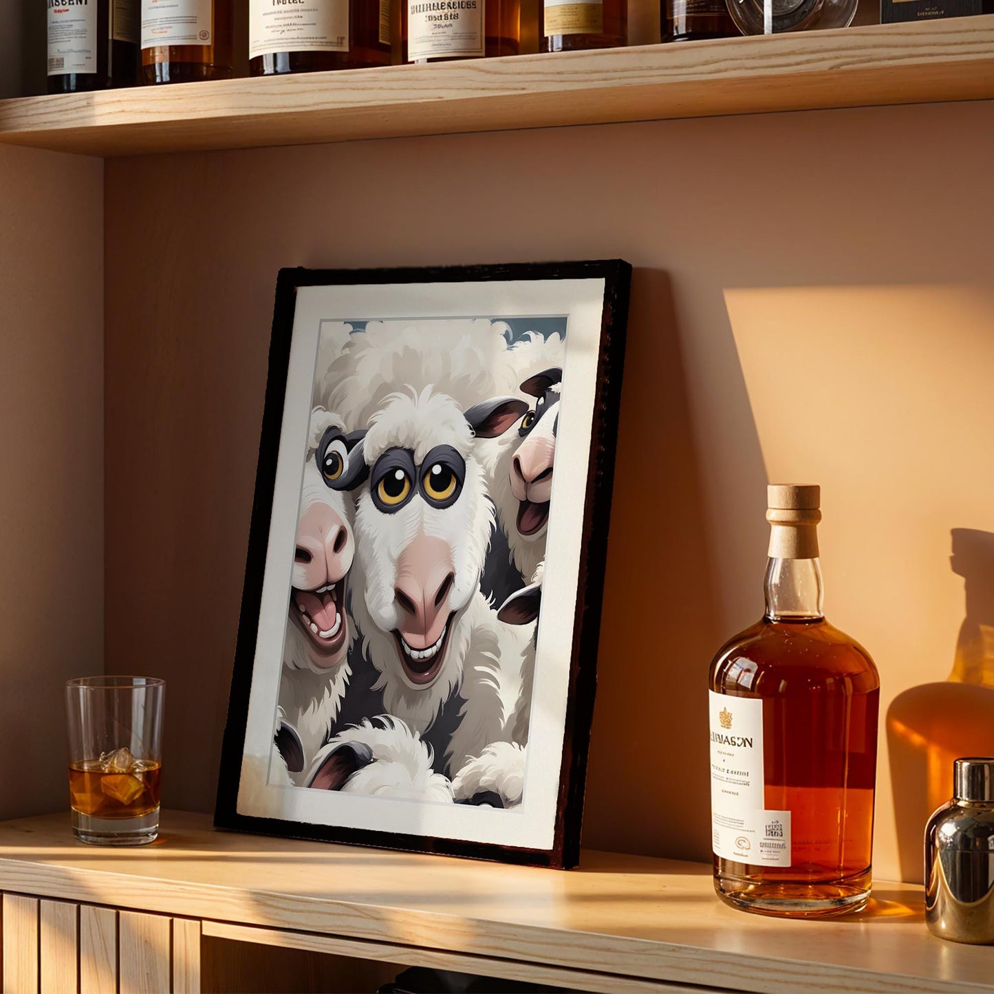 Whimsical Sheep Art Print – Quirky Farm Animal Poster – Eclectic Maximalist Room Decor – Framed Nursery & Kitchen Wall Art – Farmhouse Gift