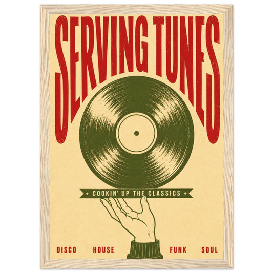 Serving Tunes Kitchen Wall Art – Retro Music Poster – Disco House & Funk Soul Print – Vintage Style Dining Room Decor – Bar Cart Art