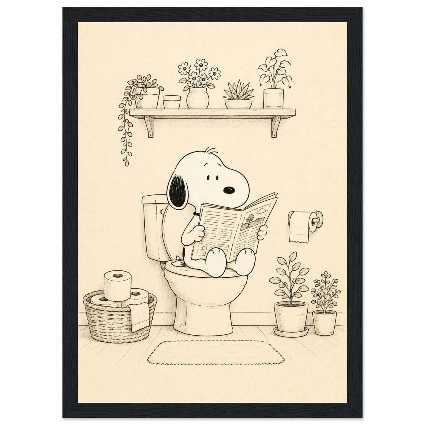 Funny Bathroom Wall Art – Dog on Toilet Print – Retro Cartoon Dog Poster – Guest Bath Decor – Black & White Humorous Restroom Art