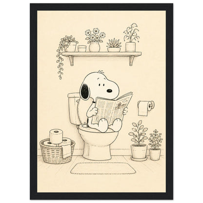 Funny Bathroom Wall Art – Dog on Toilet Print – Retro Cartoon Dog Poster – Guest Bath Decor – Black & White Humorous Restroom Art
