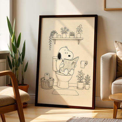 Funny Bathroom Wall Art – Dog on Toilet Print – Retro Cartoon Dog Poster – Guest Bath Decor – Black & White Humorous Restroom Art