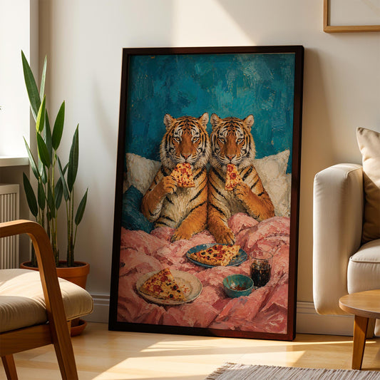 Maximalist Tiger Wall Art – Weird Eclectic Oil Painting – Funny Animal Eating Pizza Print – Colorful Kitsch Home Decor – Movie Night Poster