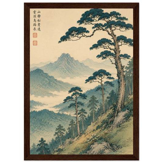 Vintage Japanese Forest Wall Art – Traditional Mountain Landscape Print – Zen Nature Poster – Framed Forest Scenery – Antique Oriental Art