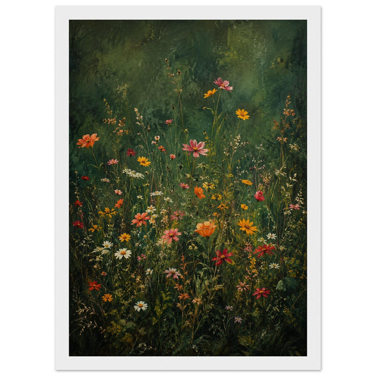 Dark Green Wildflower Meadow Oil Painting - Vintage Moody Floral Wall Art - Framed Rustic Farmhouse Decor - Botanical Garden Nature Poster