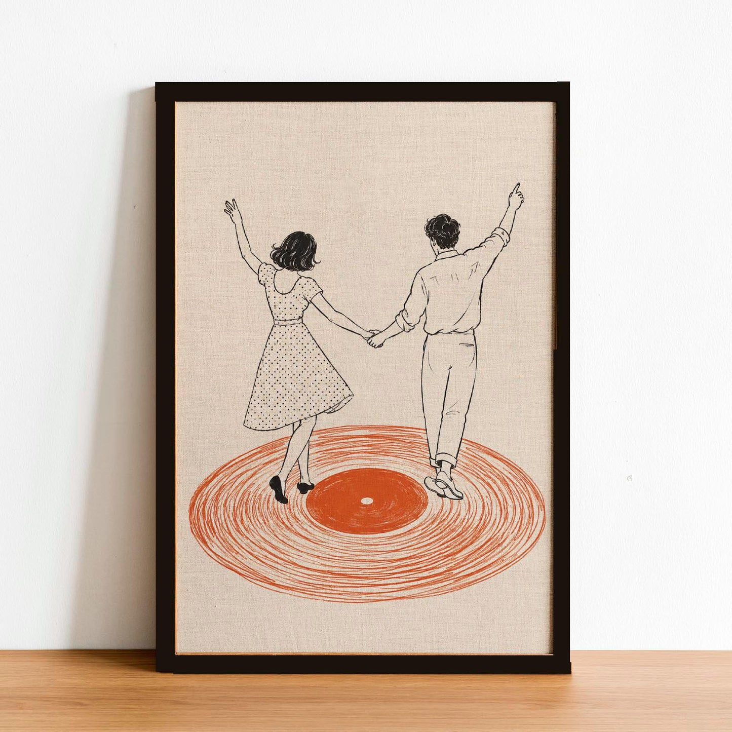 Dancing Couple Wall Art Print, Retro Record Player Poster, Modern Music Inspired Illustration for Home Bar or Living Room