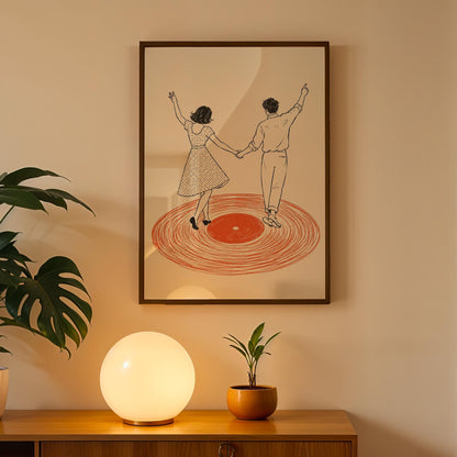 Dancing Couple Wall Art Print, Retro Record Player Poster, Modern Music Inspired Illustration for Home Bar or Living Room