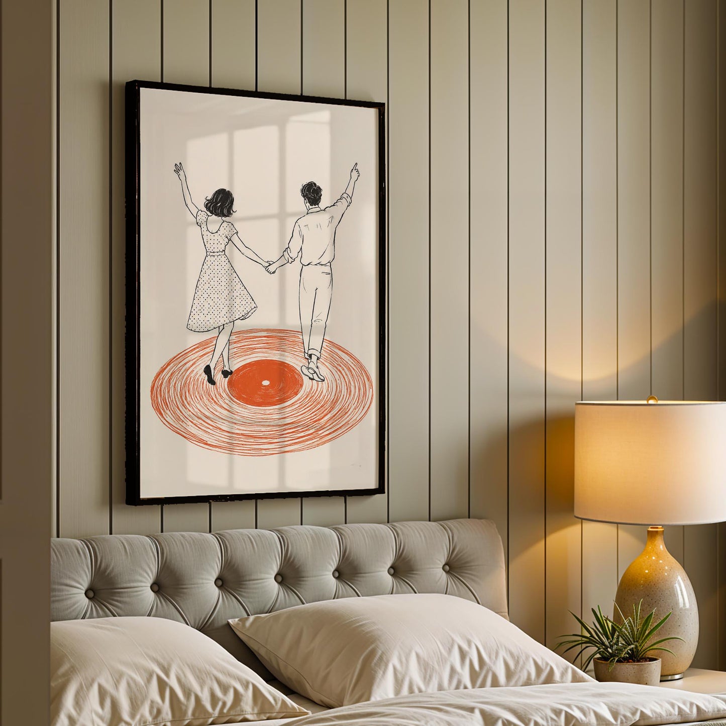 Dancing Couple Wall Art Print, Retro Record Player Poster, Modern Music Inspired Illustration for Home Bar or Living Room