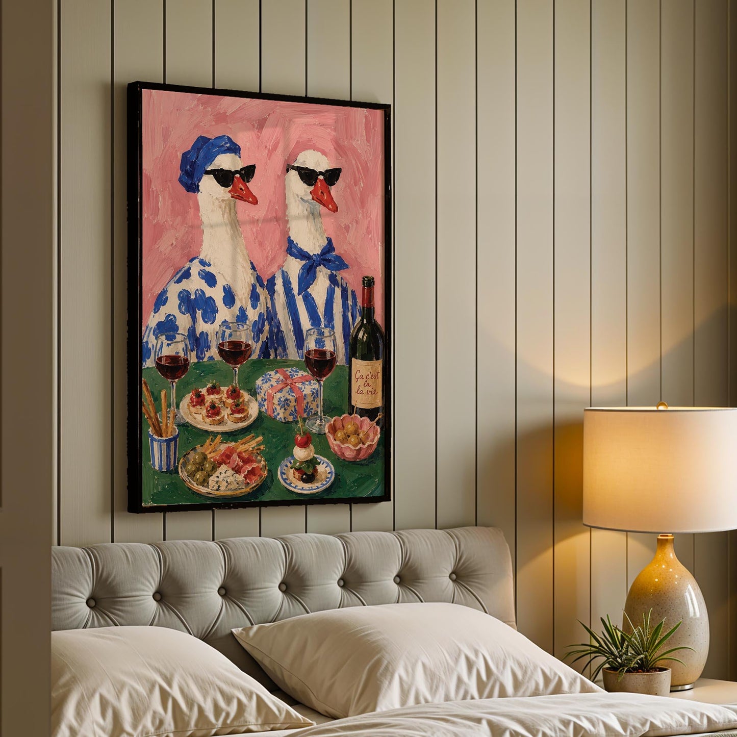 Duck Wine Party Art Print, Quirky Animal Poster, Retro Wall Art with Ducks and Wine, Fun Dining Room or Kitchen Decor