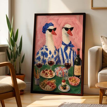 Duck Wine Party Art Print, Quirky Animal Poster, Retro Wall Art with Ducks and Wine, Fun Dining Room or Kitchen Decor