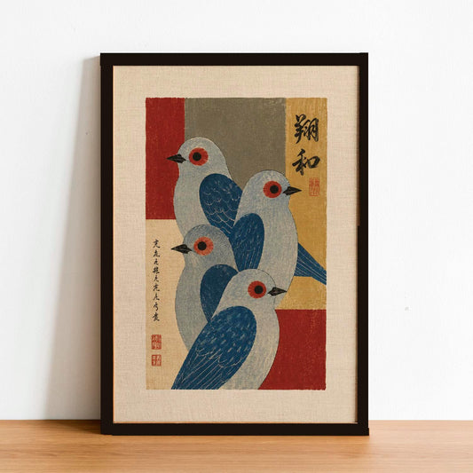 Mid-Century Japanese Bird Art Print, Retro Blue Bird Poster, Minimalist Animal Illustration, Vintage Wall Decor, Modern Graphic Artwork
