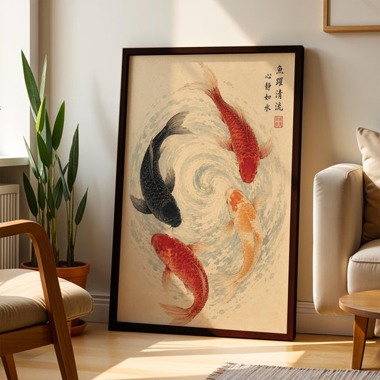Japanese Koi Carp Art Print – Framed Zen Wall Decor – Vintage Asian Fish Illustration