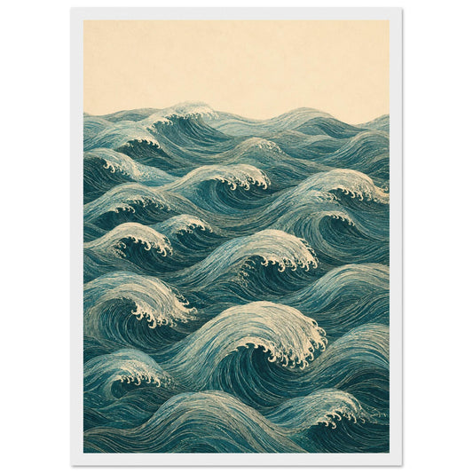 Traditional Ocean Waves Art Print – Framed Oriental Sea Wall Decor – Vintage Blue Water Illustration