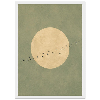 Sage Green Japandi Art Print, Flying Birds Wall Art, Abstract Sun Art, Living Room Decor, Large, Japanese Wall Art, Bedroom Decor