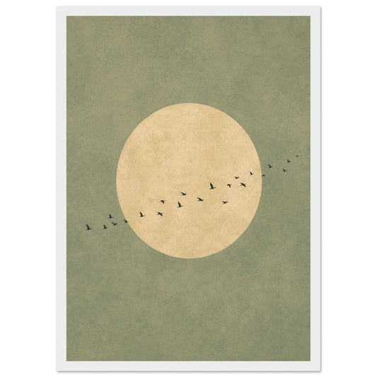 Sage Green Japandi Art Print, Flying Birds Wall Art, Abstract Sun Art, Living Room Decor, Large, Japanese Wall Art, Bedroom Decor