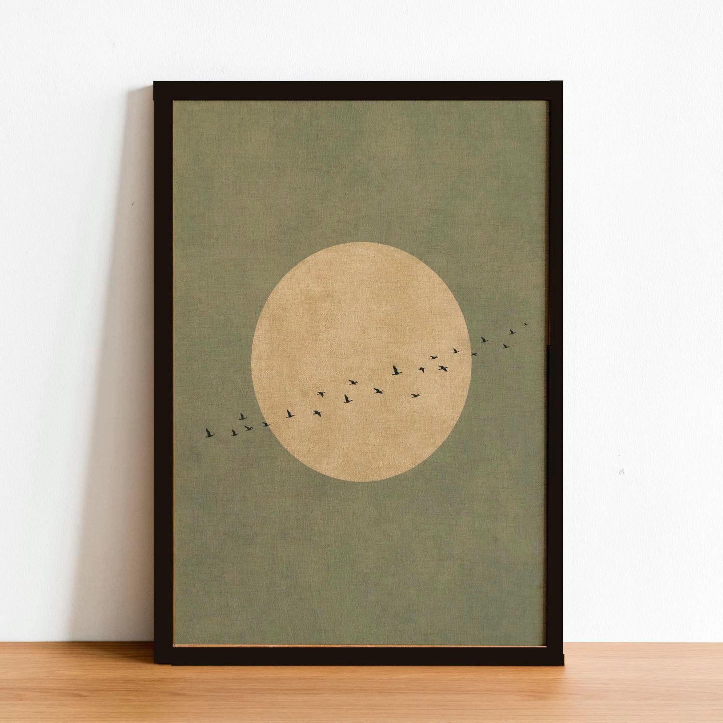 Sage Green Japandi Art Print, Flying Birds Wall Art, Abstract Sun Art, Living Room Decor, Large, Japanese Wall Art, Bedroom Decor