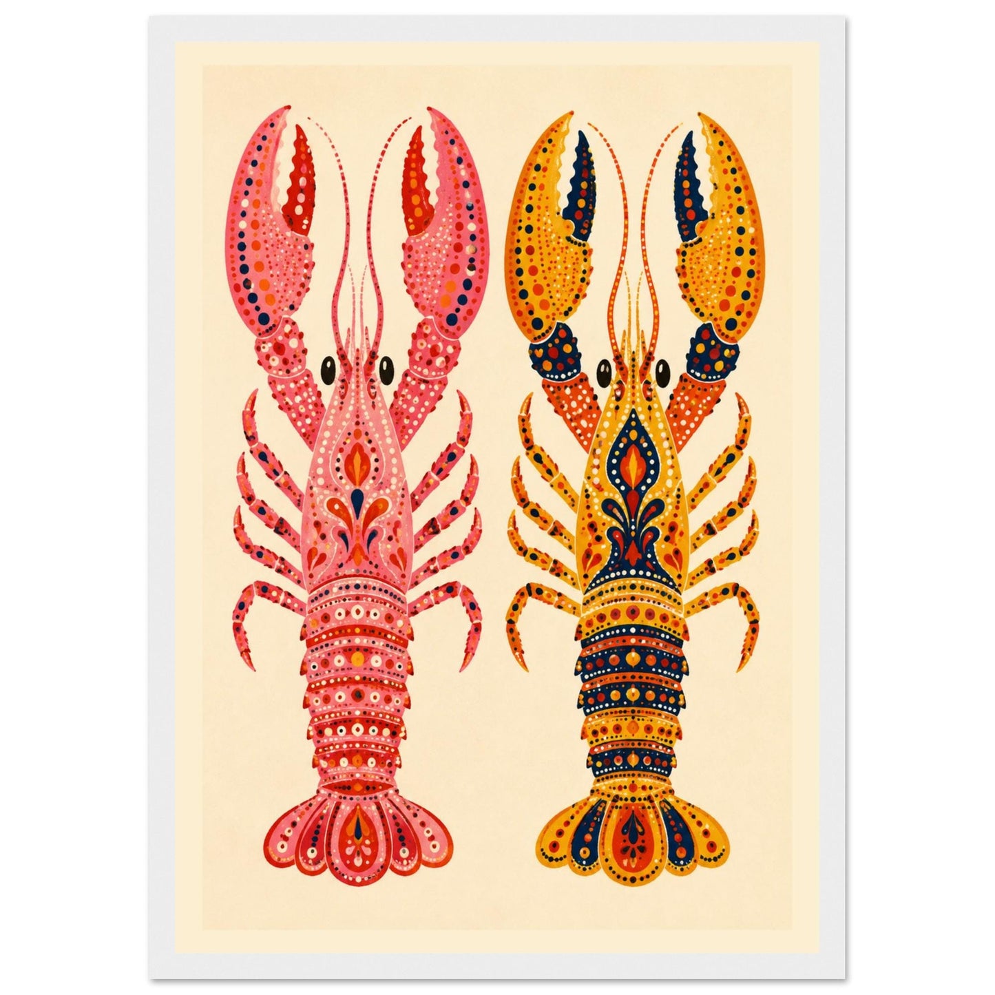 Colorful Dual Lobster Art Print – Framed Whimsical Animal Wall Decor – Vibrant Nursery & Home Poster