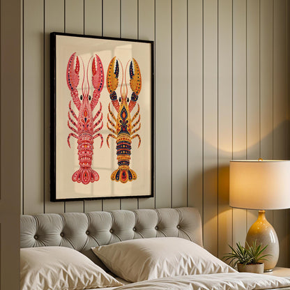 Colorful Dual Lobster Art Print – Framed Whimsical Animal Wall Decor – Vibrant Nursery & Home Poster