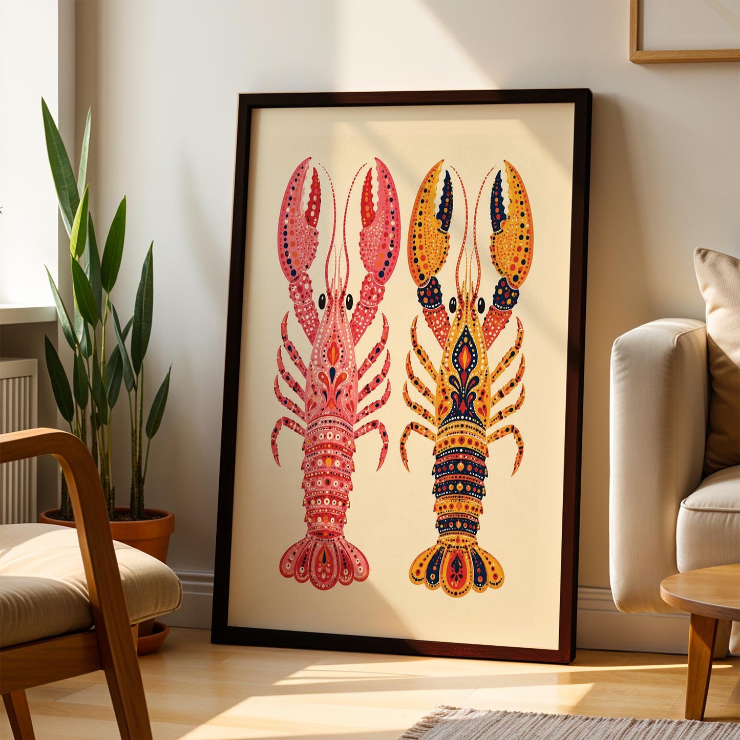 Colorful Dual Lobster Art Print – Framed Whimsical Animal Wall Decor – Vibrant Nursery & Home Poster