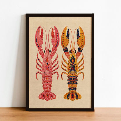 Colorful Dual Lobster Art Print – Framed Whimsical Animal Wall Decor – Vibrant Nursery & Home Poster