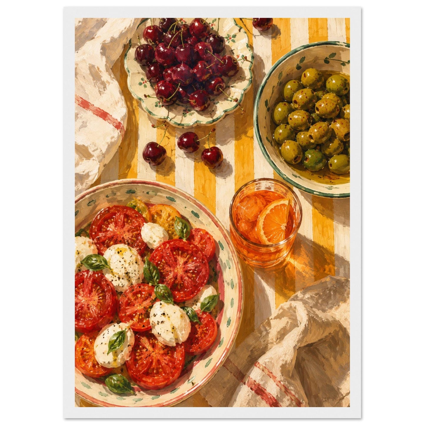 Mediterranean Kitchen Scene Art Print – Framed Caprese Salad & Olives Wall Decor – Italian Food Illustration