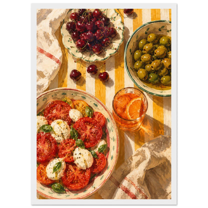 Mediterranean Kitchen Scene Art Print – Framed Caprese Salad & Olives Wall Decor – Italian Food Illustration